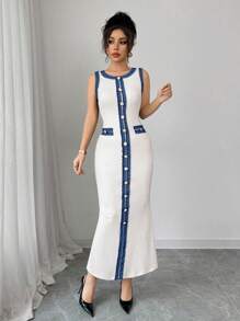 Lyxana Women's Elegant Colorblock Round Neck Sleeveless Single-Breasted Long Dress - White - View 4