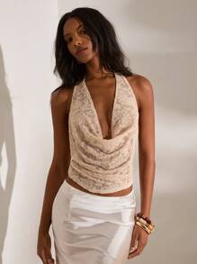 Opulessa 女士花卉提花宽松领口时尚性感露背上衣，度假休闲夏季波西米亚海滩风 - 杏色 - 查看 3