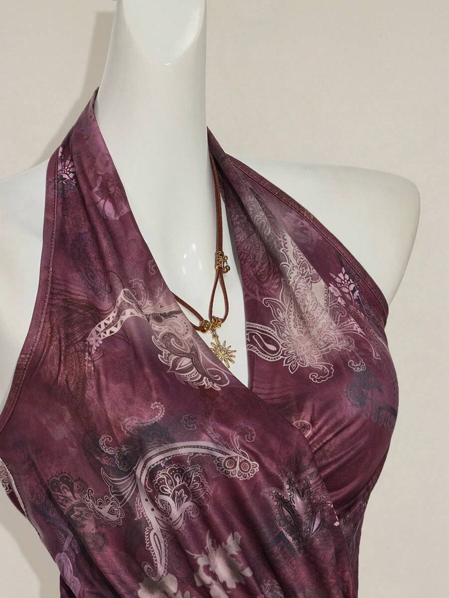 SHEIN ICON 女式复古印花不对称下摆垂领衬衫