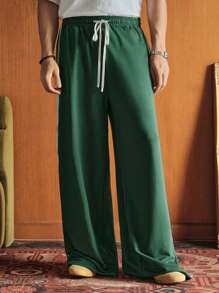 Manfinity VCAY Unisex Casual Knit Mid-Rise Drawstring Waist Split Hem Side Tape Embellished Wide Leg Sweatpants - Green - View 7