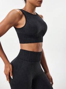 Seamluxe SHEIN Sport Bộ 2 món/Bộ đồ thể thao nữ cổ tròn co giãn liền mạch không tay áo crop top và quần - màu đen - Xem 5