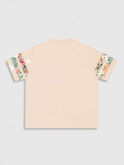 Prep Men's Preppy Floral & Number Printed Short Sleeve T-Shirt, Suitable For Daily Wear, Spring/Summer