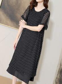 DAZY Plus Size Women's Polka Dot Patchwork Solid Color Chiffon Business Casual Elegant Summer Dress, Regular, Spring/Summer/Autumn - Multicolor - View 3