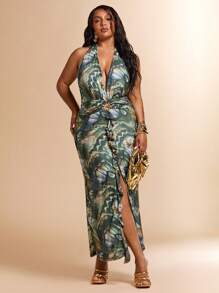 SHEIN BAE Plus Size Women's Summer Vacation Beach Holiday Butterfly Print Metallic Ruffles Decorated Low Cut Sexy Slit Maxi Halter Dresses - Green - View 4