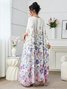 Yasmyna Elegant Pastel Floral Print Arabian Maxi Dress With Round Neckline And Half Sleeves Perfect For Modest Style, Spring/Summer Kaftan Jalabiya Dress - Multicolor - View 2