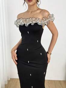 Modelyn Elegant Off-Shoulder Pearl Embellished Ruffle Hem Split Dress - Black - View 1