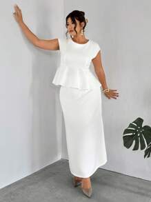 Firerie Plus Size New Elegant Minimalist Women Daily Commute Outfit, Round Neck Dolman Sleeve Ruffle Trim Blouse And Straight Skirt, White 2 Pieces Set