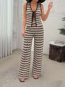 EURMUSE Set da donna composto da coprispalle a righe ondulate da spiaggia e pantaloni a zampa larga, 2 pezzi, stile vacanziero - Beige - Visualizzare 4
