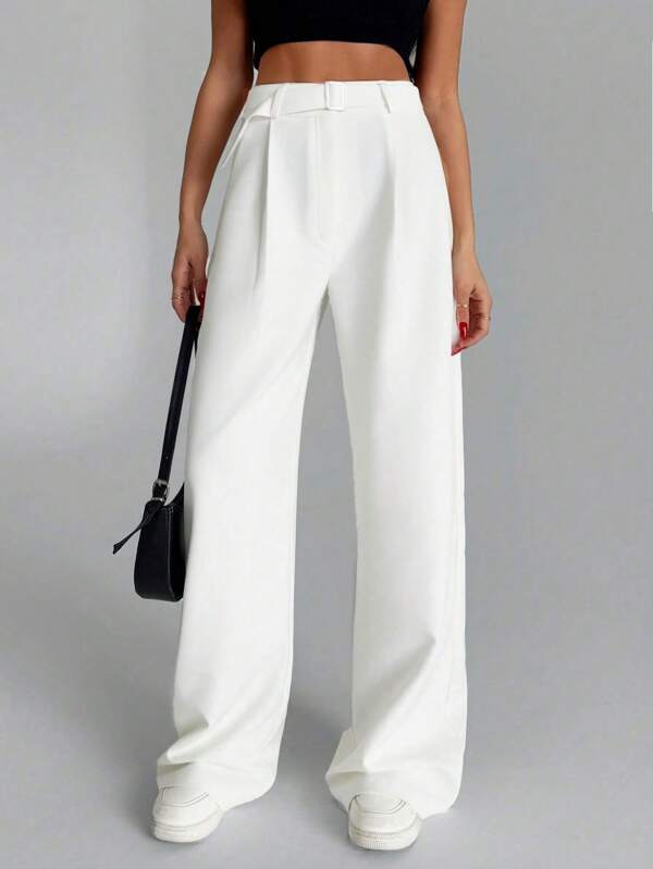 SHEIN Timeless Ultra High Waist Wide Leg Suit Pants With Chic Metal Buckle Belt – Elegant Tailored Fit In Premium Double Fabric For A Structured Yet Comfortable Silhouette – Classic White Color With Side Pockets For A Versatile And Sophisticated Look – Ideal For Formal Occasions, Workwear, And Effortless Power Dressing Women Pants Wide Leg Women Work Outfits Women S Outfit Women S Work Clothes Wide Leg Jeans Woman