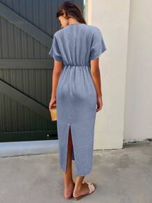 SHEIN LUNE Women's Summer Solid Color Twist Knot Design Short Sleeve Sexy Dress - Navy Blue - View 2