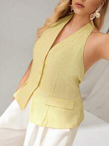 Auralis Plus Size Women's Elegant Summer Halter Neck Button Yellow Top,100% Cotton Office Business Casual Butter Yellow Tops,Daily Vacation Cruise - Yellow - View 6