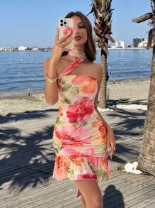 SHEIN EZwear Women's Summer Floral Print Halter Neck Ruched Fitted Ruched Hem Vacation Dress - Pink - View 13
