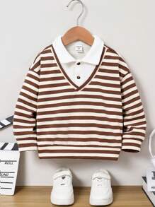 SHEIN Leap Crew 1 件装年轻男孩舒适法兰绒条纹立领半拉链套头衫，适合秋冬季上学、聚会、休闲场合 - 彩色 - 查看 1
