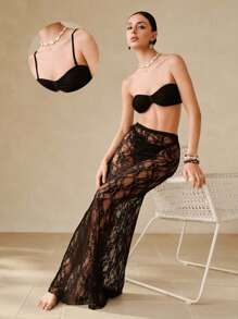 Swim Oasis 3pcs/Set Removable Simple Lace Bandeau Swimsuit Set, Elegant Outfit For Summer Beach Vacation - Black - View 12