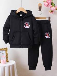 2 pièces/set Nouvelle mode jeunes filles confortable imprimé graphique veste à capuche manches longues + pantalon à cordon de serrage tenue décontractée automne hiver - Noir - Voir 1