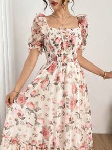 Modelyn 女式法式方领数码印花透视短袖连衣裙