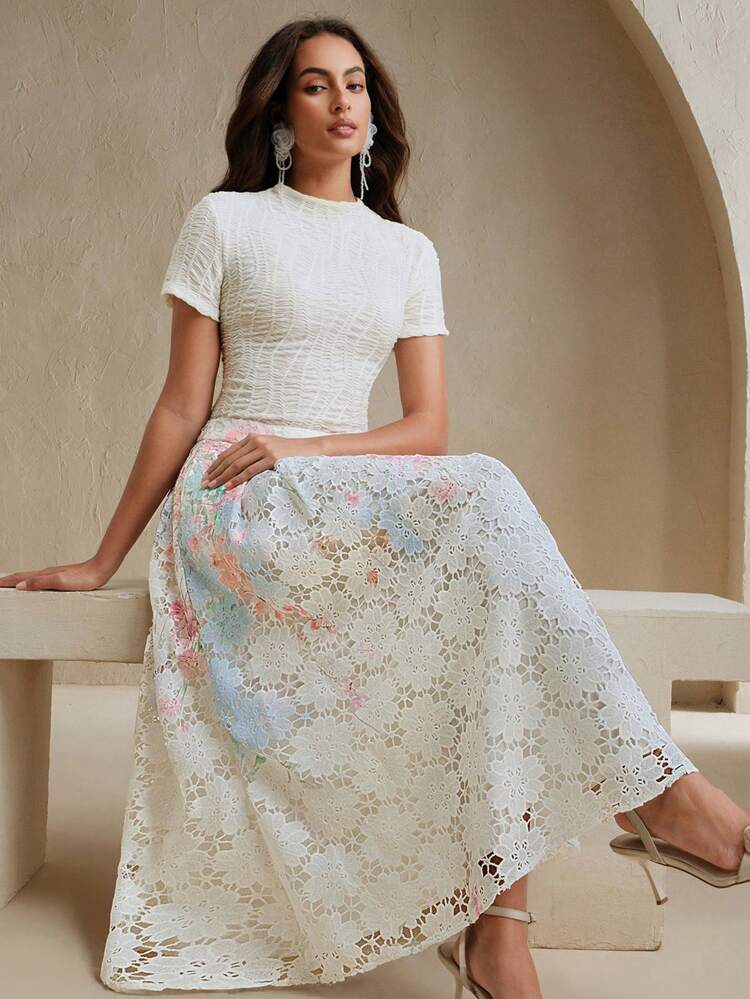 Women's Floral Guipure Lace Vacation/Casual/Work A-Line Skirt, Romantic Elegant Summer Fashion