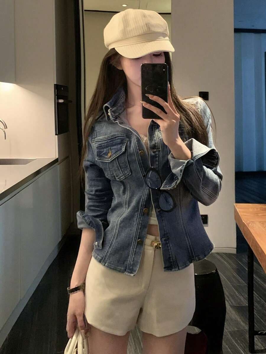DAZY 水洗蓝色领口弹力修身长袖牛仔衬衫，春秋装，牛仔夹克，秋季女装 - 中等水洗藍 - 查看 1