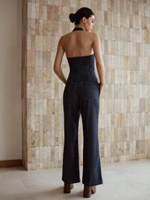 MOTF PREMIUM STUDDED DETAIL HALTER DENIM TOP & FLARE LEG JEANS - Royal Blue - View 4