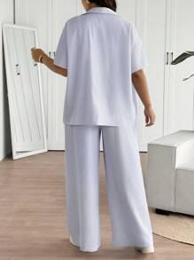 SHEIN Frenchy 1 件大码女式两件套：蓝白条纹开衫短袖衬衫 + 长裤，休闲通勤装