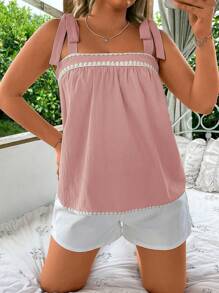 SHEIN VCAY Top casual estivo con scollo quadrato, senza maniche, con lacci sulle spalle e bordi in pizzo a contrasto per taglie forti