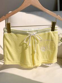 SHEIN EZwear 女士休闲抽绳腰黄色花卉字母印花超短裤，夏季 - 黃色 - 查看 4