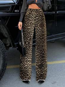 EURMUSE Women Casual High Waist Straight Leopard Print Jeans