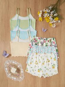 CottageSlumber 6pcs Romantic-Flora Multicolor Short Pajama Set For Women With Soft Knitted Fabric And Crop Length Summer Pajamas Sets Floral Pajama Shorts Women Sleepwear Sets Cute Pajama Sets Summer Sleep Sets  Cozy And Elegant Details - Multicolor - View 2