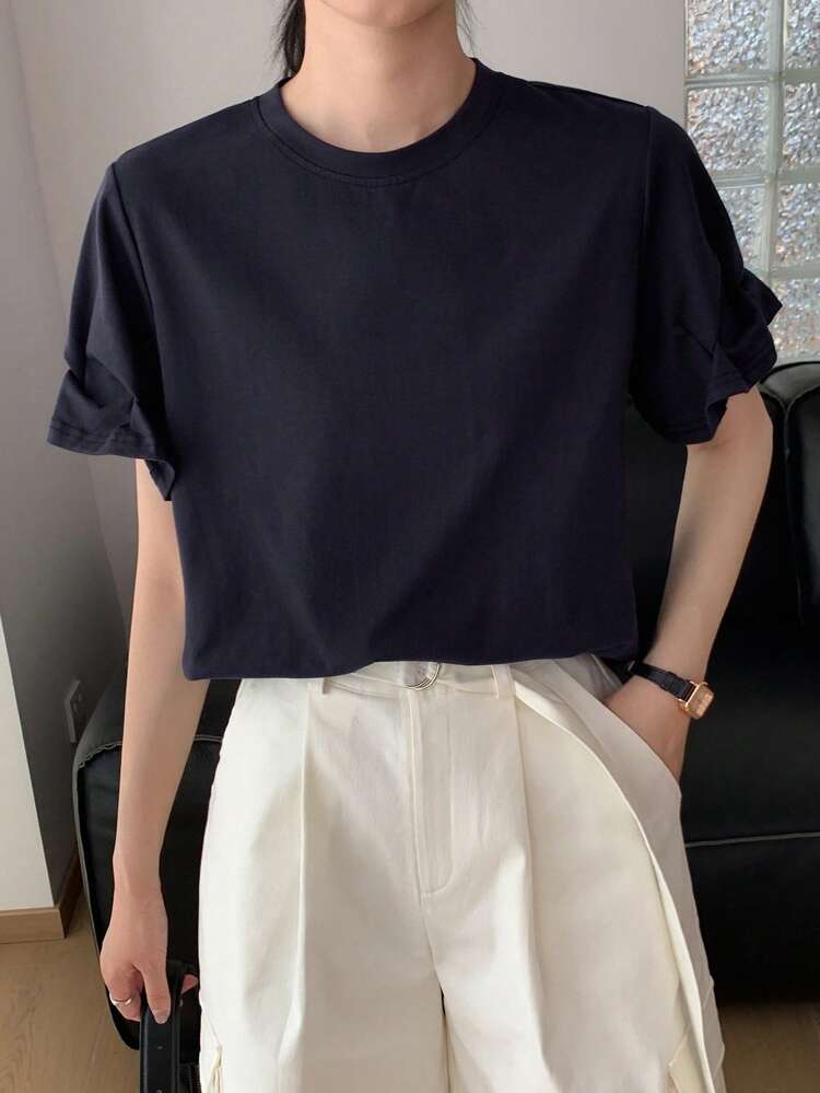 Women's Summer Pleated Sleeve Round Neck Short Sleeve Loose Casual Urban T-Shirt, Suitable For Casual & Young Ladies