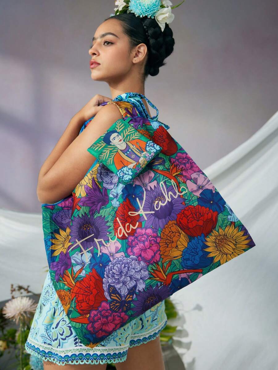Frida Kahlo X SHEIN RPET可折叠印花手提包，礼品，精致花卉包，女士沙滩包，度假包，花卉沙滩包