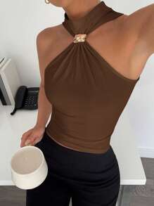 Siren Gaze Ärmellose Bluse für Damen mit Stehkragen und Metalldekor, Pendler- und UrlaubsLässig Bluse