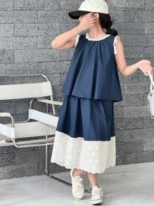 DAZY 2件套女童圆领背心和裙子套装，夏季 - 藏蓝色 - 查看 4