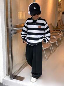 SHEIN 2pcs/Set Tween Boy Casual Korean Style Loose Striped Crew Neck Long Sleeve Sweatshirt And Pants Set, Suitable For Commuting, School, Daily Casual Wear, Sports, Autumn/Winter, Back To School Season Fall