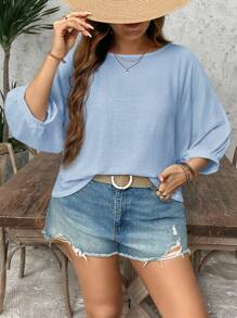 SHEIN LUNE Plus Size Casual Textured Flowy Blouse, Summer Mother's Day Church Baby Blue Top, Light Blue Top Summer Tops - Baby Blue - View 7