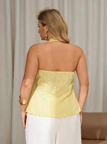 Auralis Plus Size Women's Elegant Summer Halter Neck Button Yellow Top,100% Cotton Office Business Casual Butter Yellow Tops,Daily Vacation Cruise - Yellow - View 2