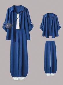 Linhara 大码女式两件套纯色翻袖单排扣休闲/办公衬衫和高腰宽松阔腿裤