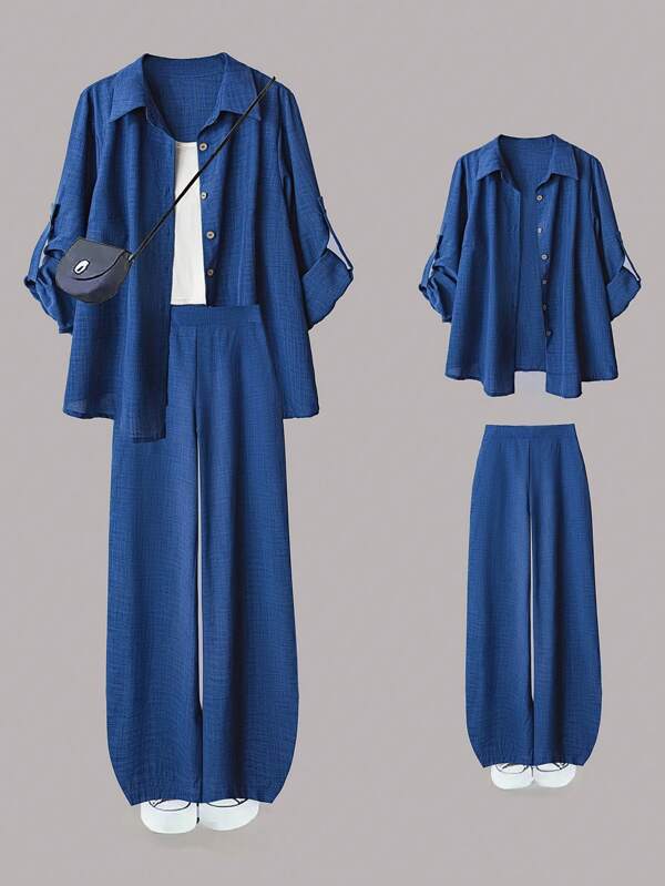 Linhara Plus Size Women 2pcs Set, Solid Color Turnback Cuff Single Breasted Casual/Office Shirt And High Waist Loose Wide Leg Pants