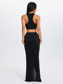 SHEIN PETITE Set de bluză fără mâneci cu noduri răsucite și fustă cu talie joasă pentru femei