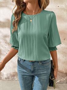 SHEIN Clasi 女士春季圆领中袖宽松度假衬衫 - 薄荷綠 - 查看 4