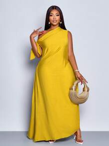 SOLERSUN 女式加大码春夏纯色优雅派对度假日常通勤节日聚会无袖单肩长裙 - 芥末黃 - 查看 5