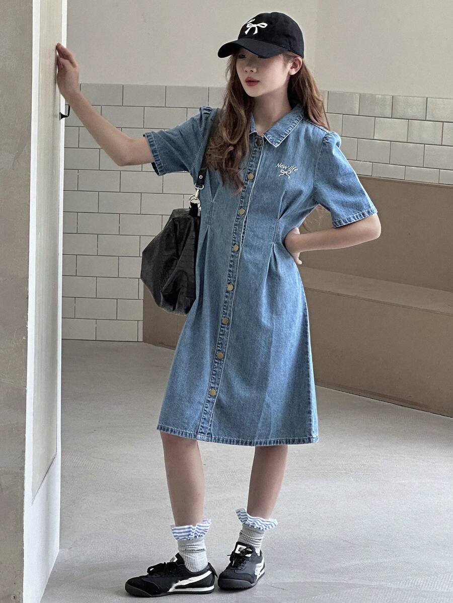 Dazy Kids 女童青少年牛仔连衣裙，少女秋装 - 中等水洗藍 - 查看 1