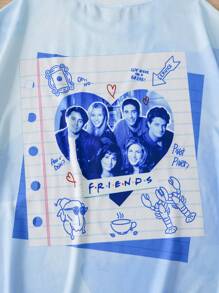 FRIENDS X SHEIN Elena Ilustra Camiseta de manga corta y cuello redondo con estampado gráfico minimalista, talla grande, para verano