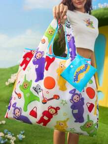 Teletubbies X SHEIN Sac fourre-tout pliable imprimé avec les personnages mignons de dessins animés Tinky Winky, Dipsy, Laa-Laa, Po, avec un mini-sac détachable sur une chaîne