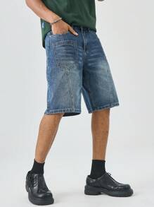 Manfinity EMRG Men's Summer Casual Street Patchwork Pocket Loose Denim Shorts - Medium Wash - View 6