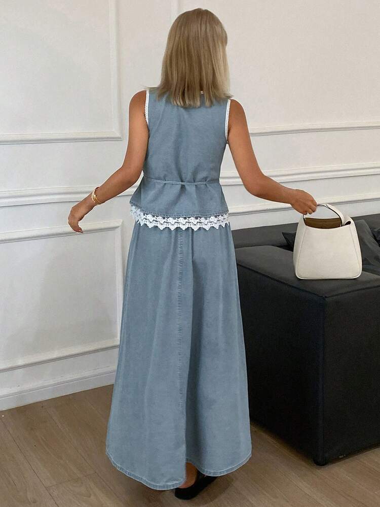 Women's Lace Trim Waist Tie Round Neck Tank Top And Denim Skirt Set