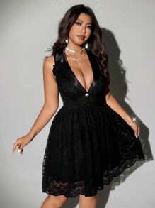 Viva Relle Vestido elegante, sexy y con escote profundo en V, sin mangas, con estampado floral de encaje para tallas grandes