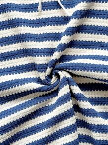 Soleia New Vacation Red Knit Striped Halter Backless Mini Dress - Blue and White - View 6