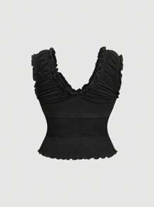 SHEIN MOD Plus Size Vintage Red Crisscross Racerback Tank Top For Women,Going Out Tops Women Black Ruched Top.Suitable For Back To School, - Black - View 2