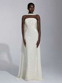 Elitara 优雅杏色奢华 3D 亮片装饰直筒长裙，可拆卸肩带，适合约会、度假、单身派对、生日、毕业典礼、婚礼、正式晚会 - 杏色 - 查看 6