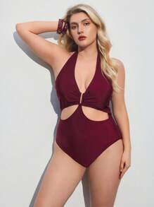 Maija Plus Size Women Solid Color Ruched Waist Halter One-Piece Swimsuit Summer Women Vacation  Vestidos Elegantes De Mujer Beach  Blusas Elegantes Para Mujer Business Casual Woman Going Out Tops Boho Office Outfits Festival Outfits For Rave Hawaii Coachella Festa Junina